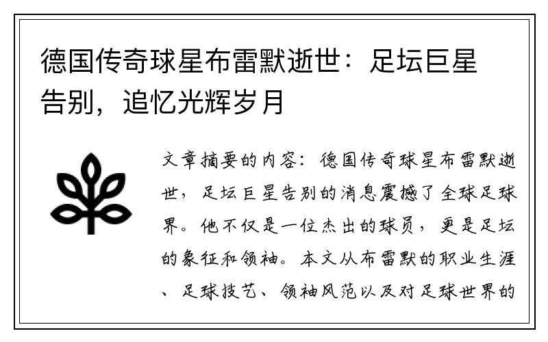 德国传奇球星布雷默逝世：足坛巨星告别，追忆光辉岁月