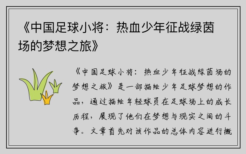 《中国足球小将：热血少年征战绿茵场的梦想之旅》