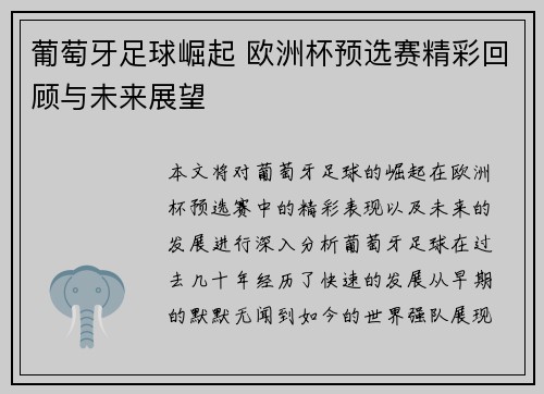 葡萄牙足球崛起 欧洲杯预选赛精彩回顾与未来展望