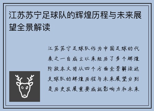江苏苏宁足球队的辉煌历程与未来展望全景解读