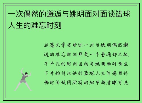 一次偶然的邂逅与姚明面对面谈篮球人生的难忘时刻